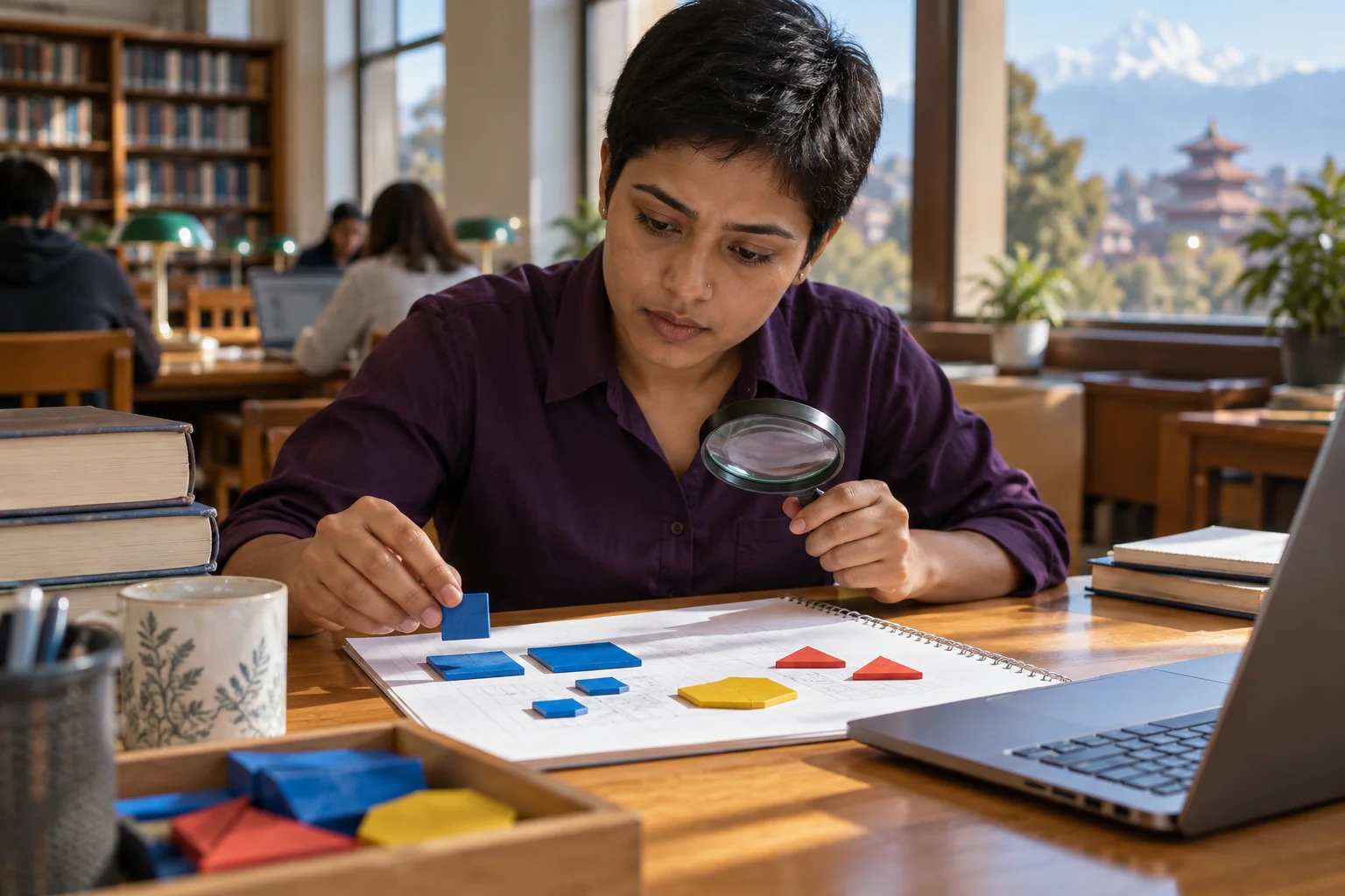 Nepali GRE student examines geometric tiles while studying equivalent exponent and root forms.