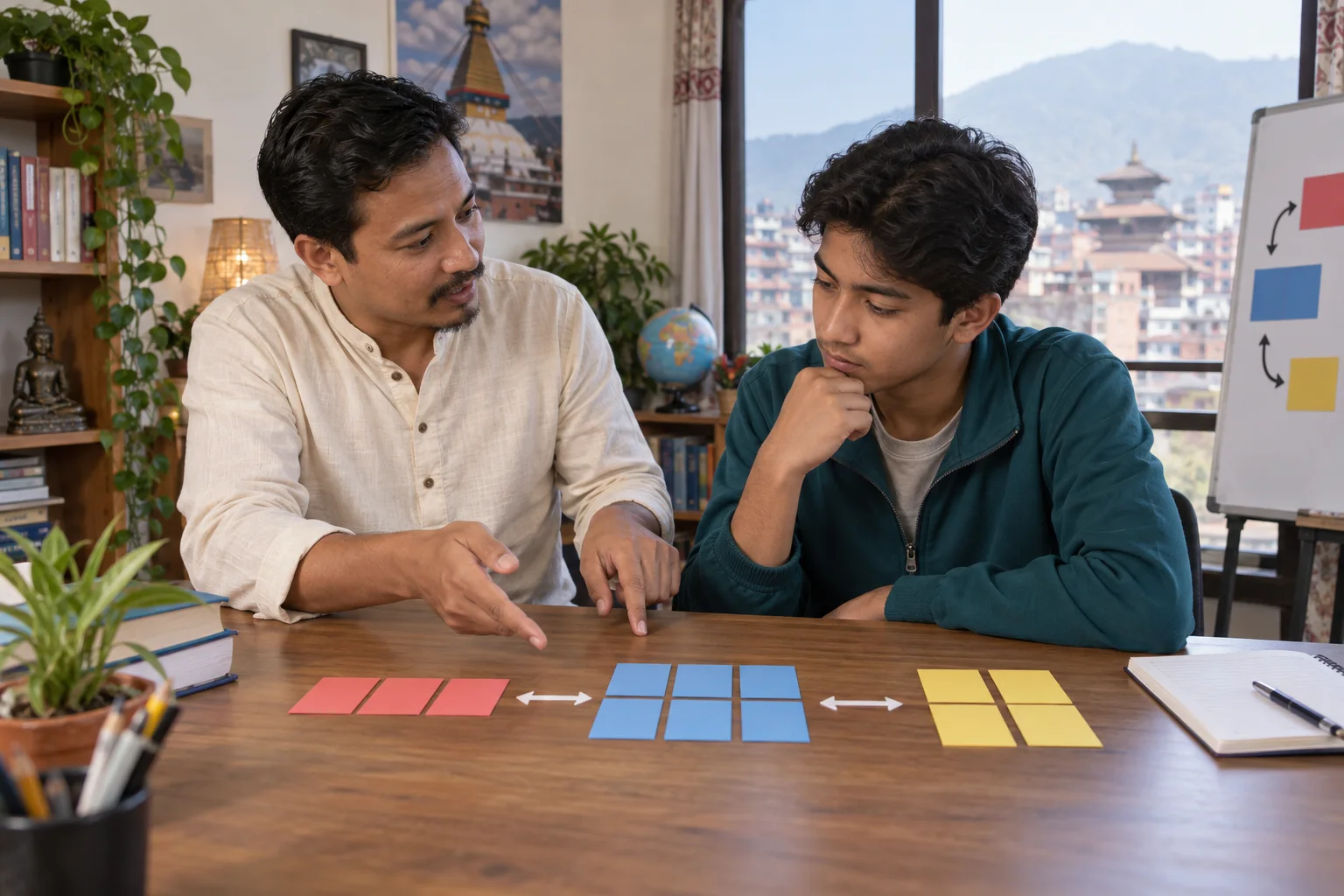 Tutor and student compare equivalent forms with colored cards.
