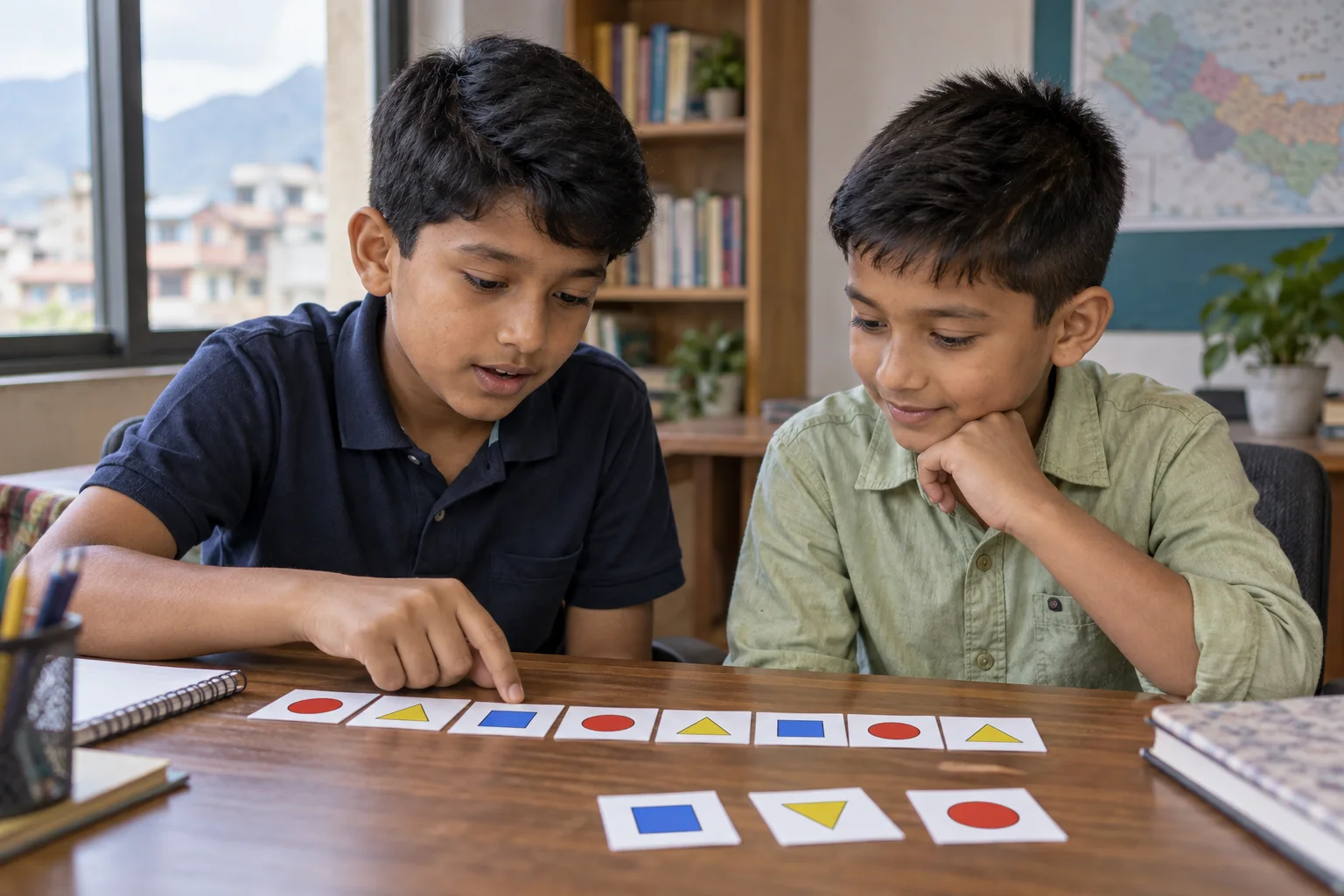 Two students compare a repeating pattern of colored shapes.