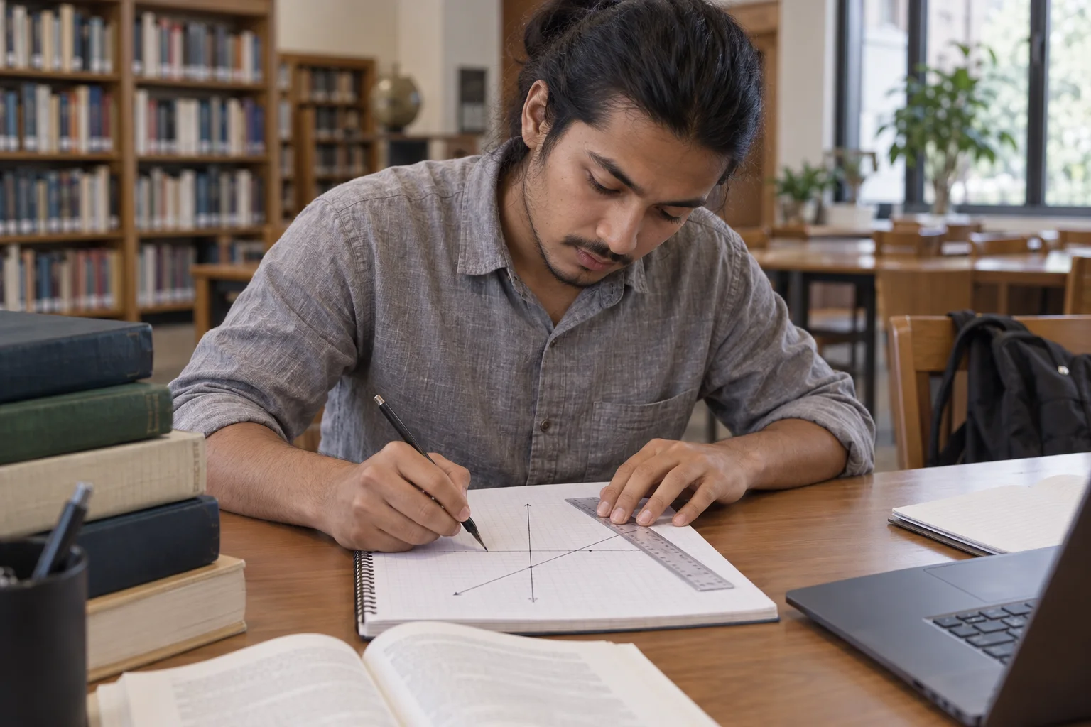 Nepali GRE student draws a coordinate grid with a ruler.