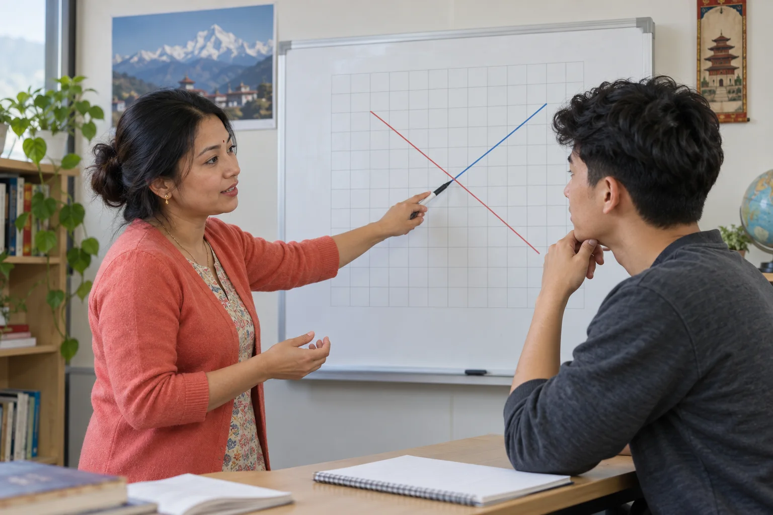 Tutor and student discuss the intersection of two lines on a grid.