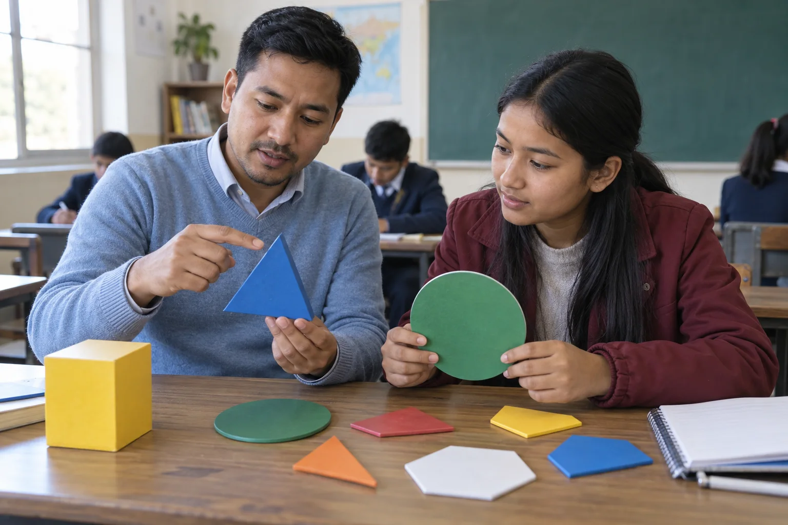 Tutor and student compare triangle and circle models for GRE geometry.