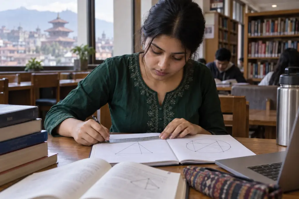Nepali GRE student checks triangle and circle diagrams with a ruler.