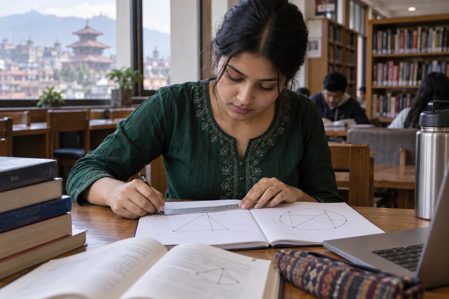 Nepali GRE student checks triangle and circle diagrams with a ruler.