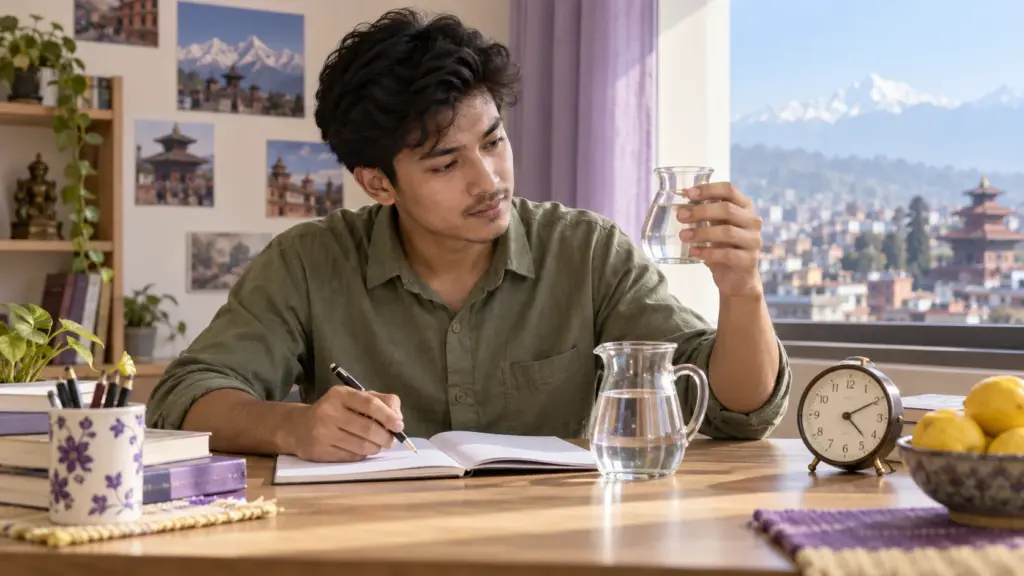 Nepali GRE student studies rates with a water vessel and clock.