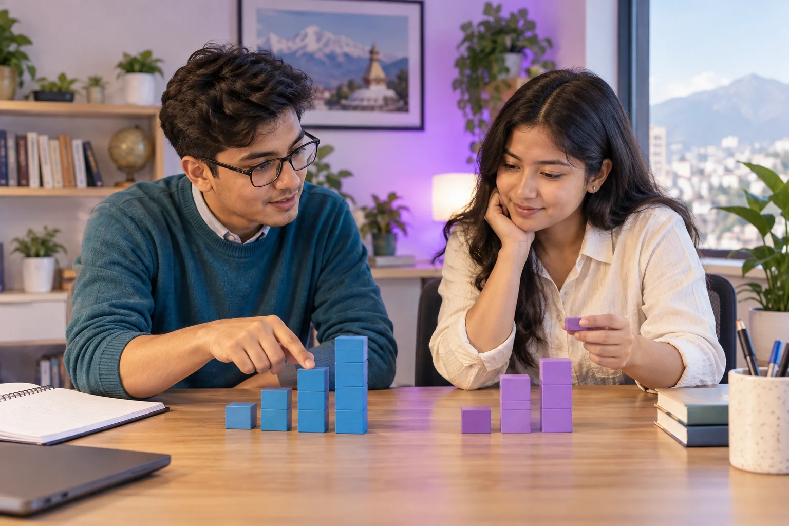 Two students compare block groups to discuss median and spread.