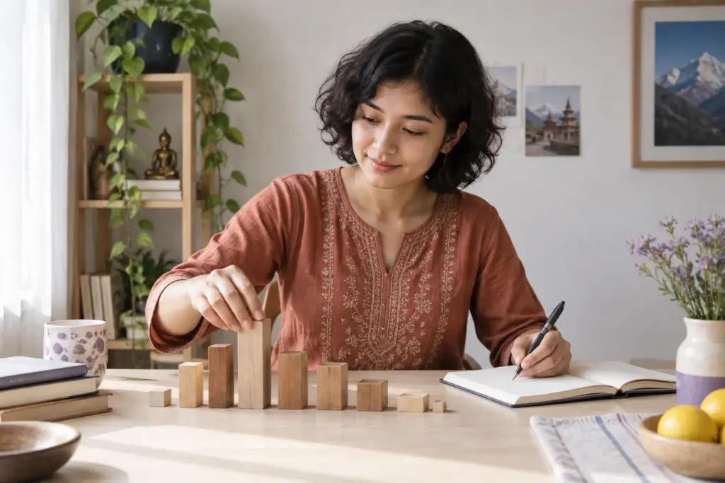 Nepali GRE student arranges wooden blocks to examine a data distribution.