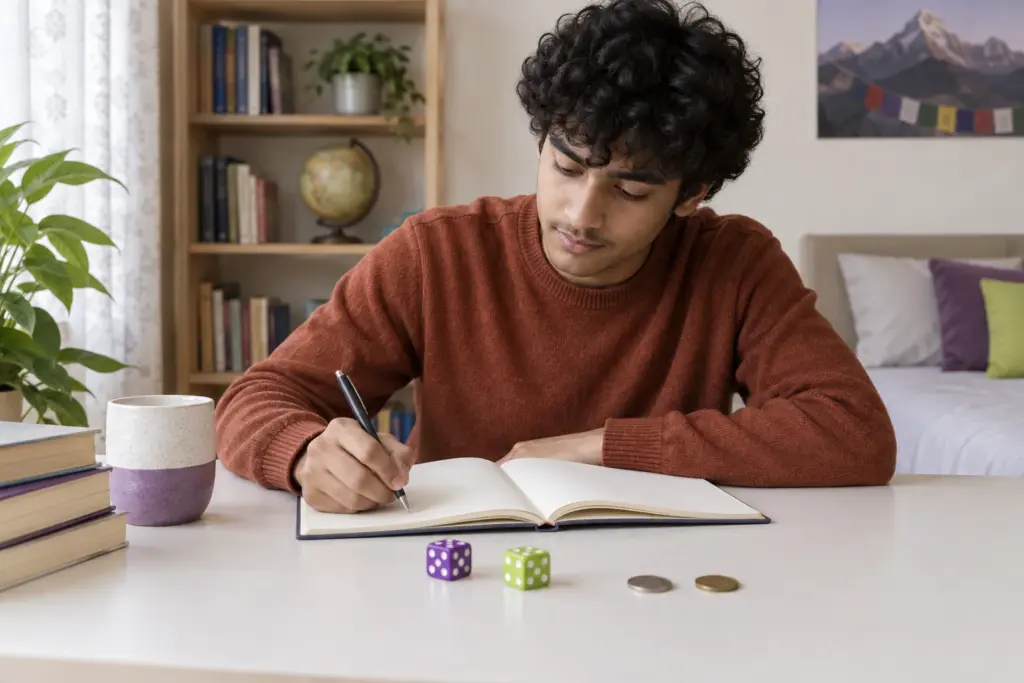 Nepali GRE student studies probability with dice and coins.