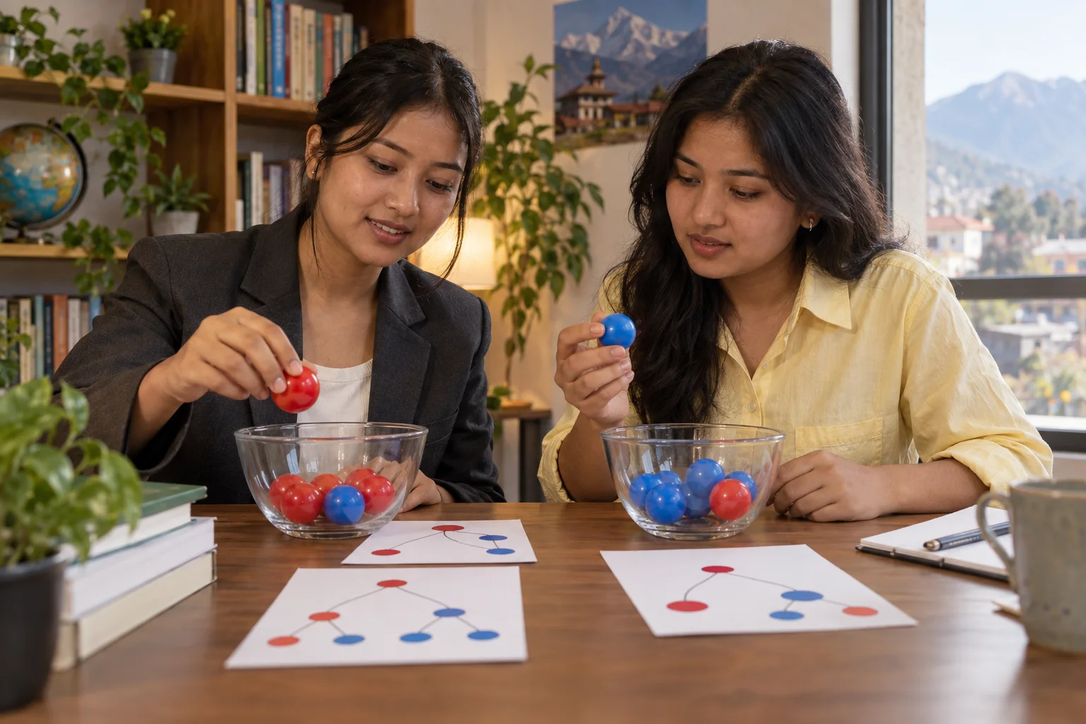 Two students use colored balls and event trees to reason about probability.