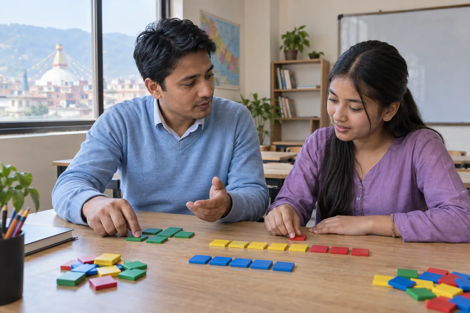 Tutor and student compare groups and sequences of colored tiles.
