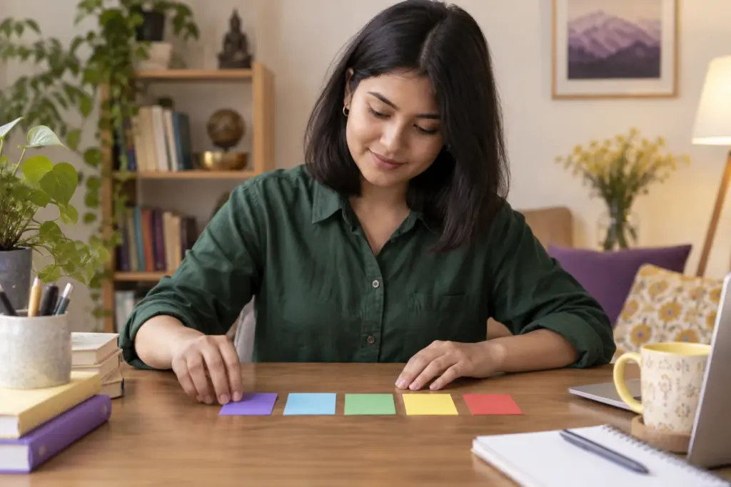 Nepali GRE student arranges colored cards to study order in counting problems.