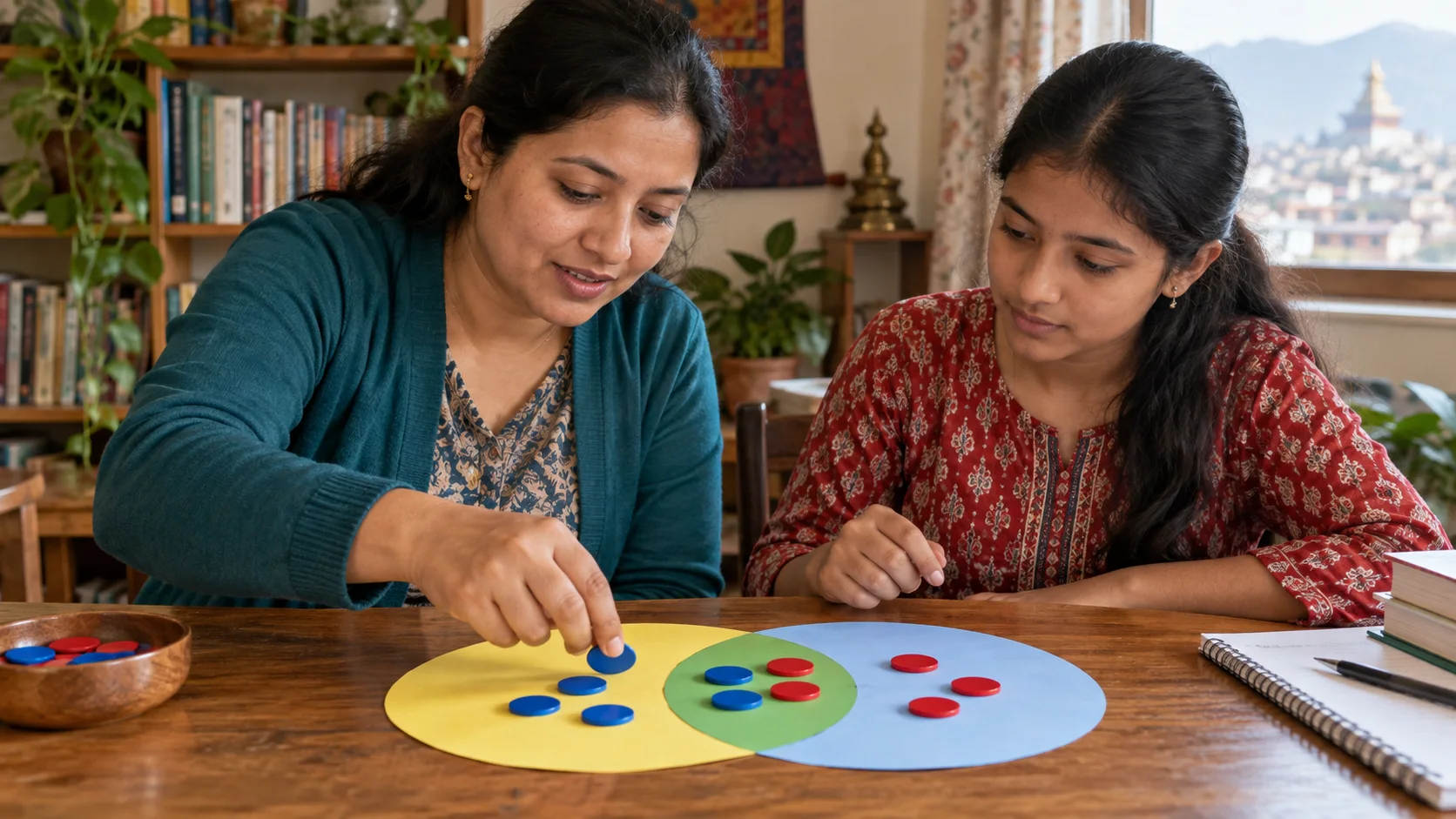 Tutor and student use overlapping circles and colored chips to examine union and intersection.