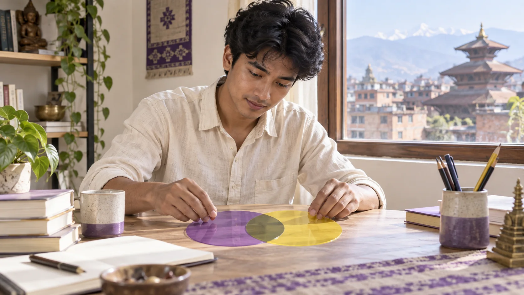 Nepali GRE student arranges overlapping circles to study Venn diagrams.