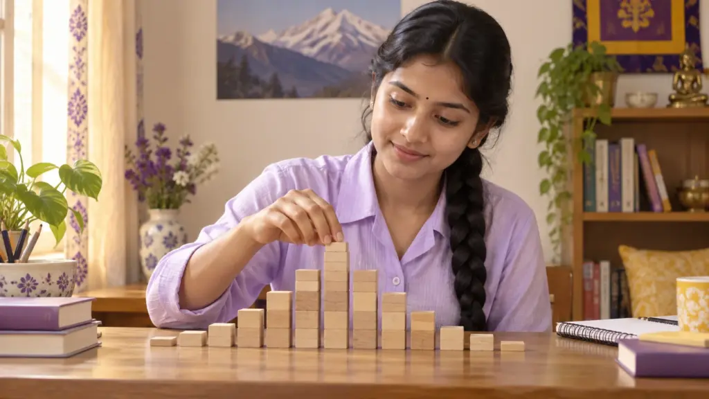 Nepali GRE student arranges blocks in a bell-shaped distribution.