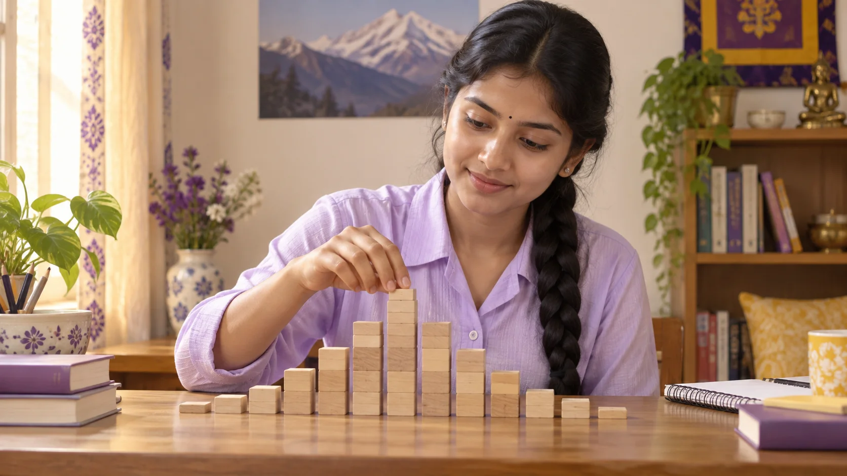 Nepali GRE student arranges blocks in a bell-shaped distribution.