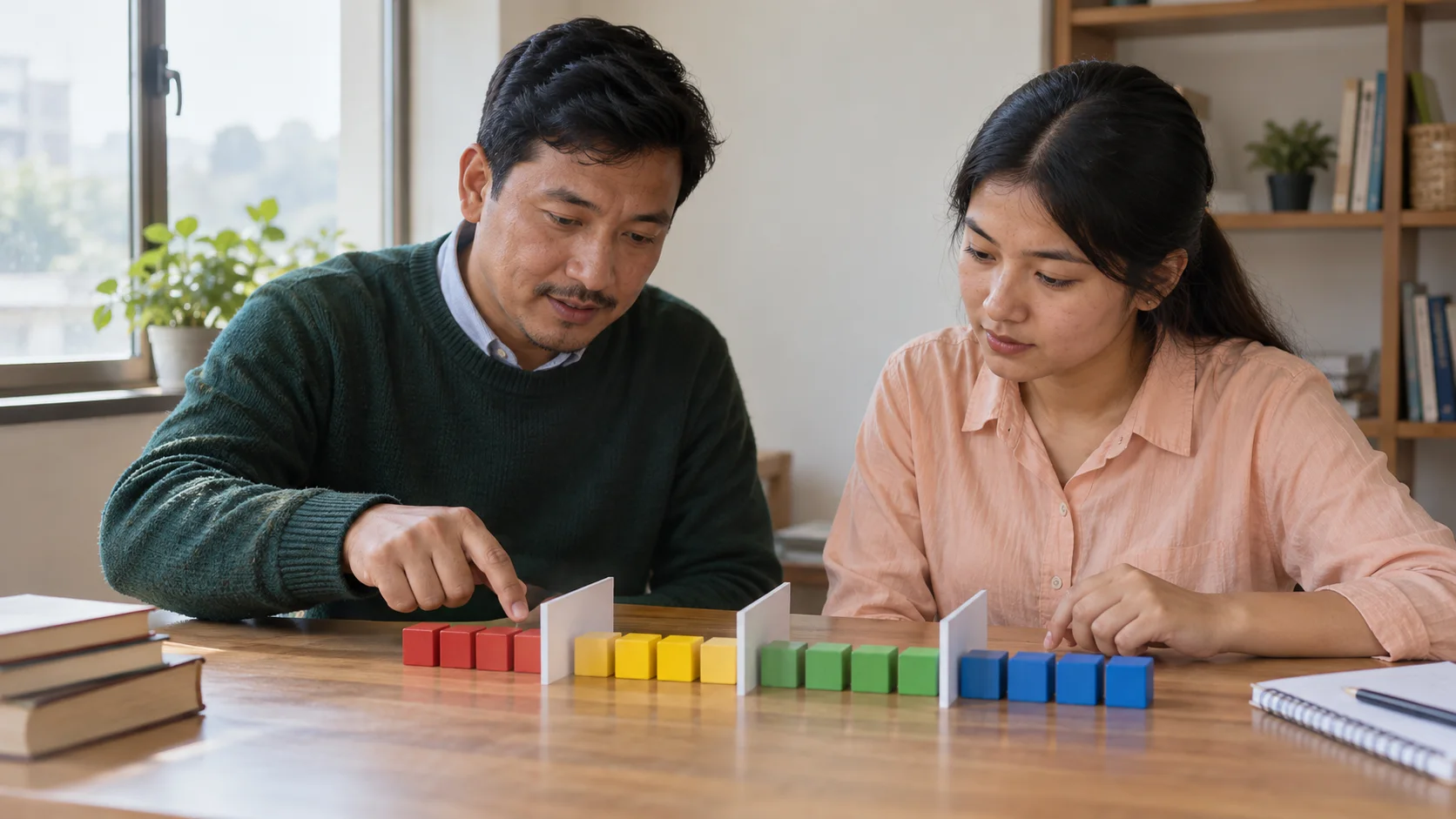 Tutor and student divide colored blocks into quartile groups.