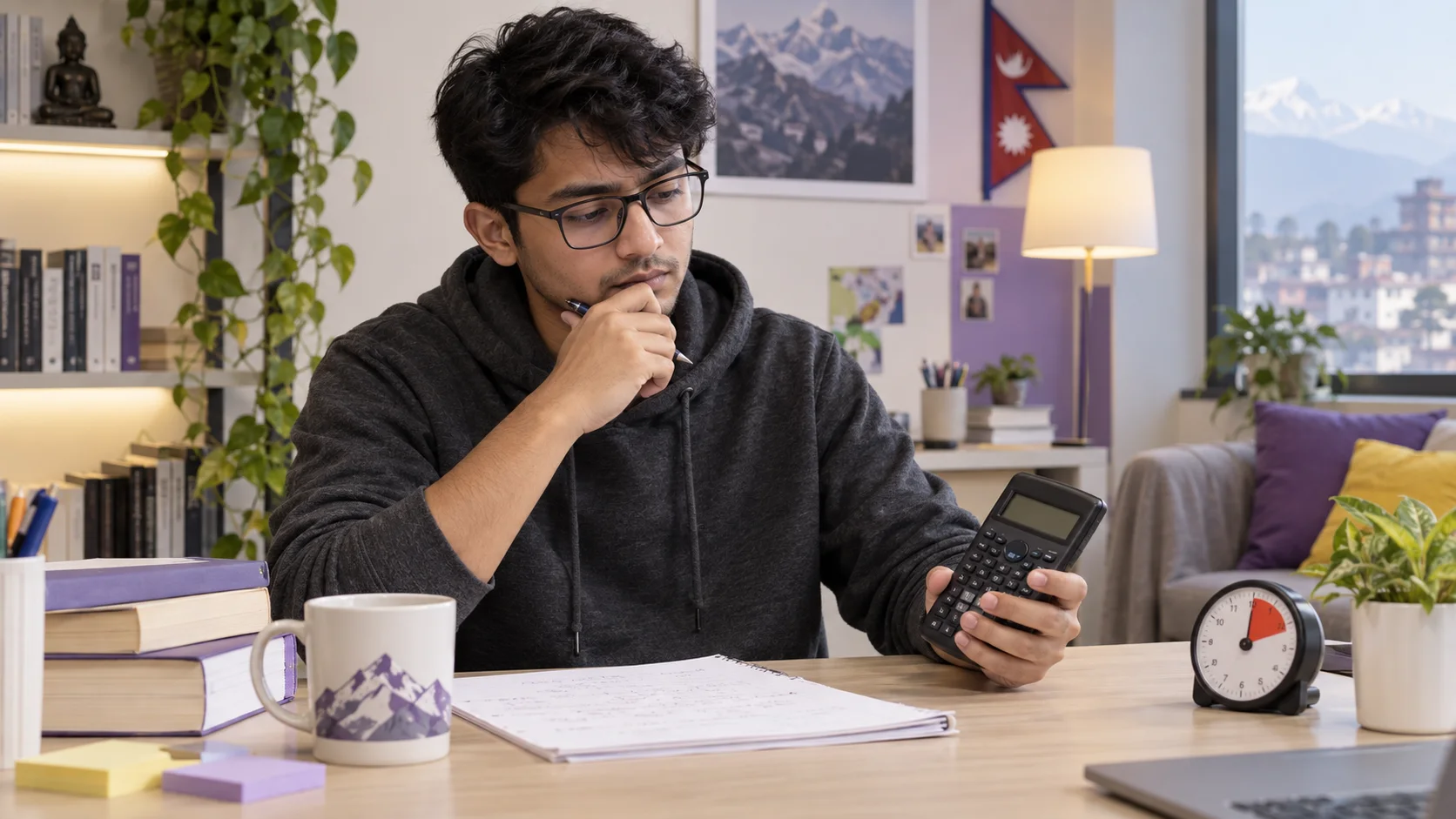 Nepali GRE student considers a calculator during timed quant practice.