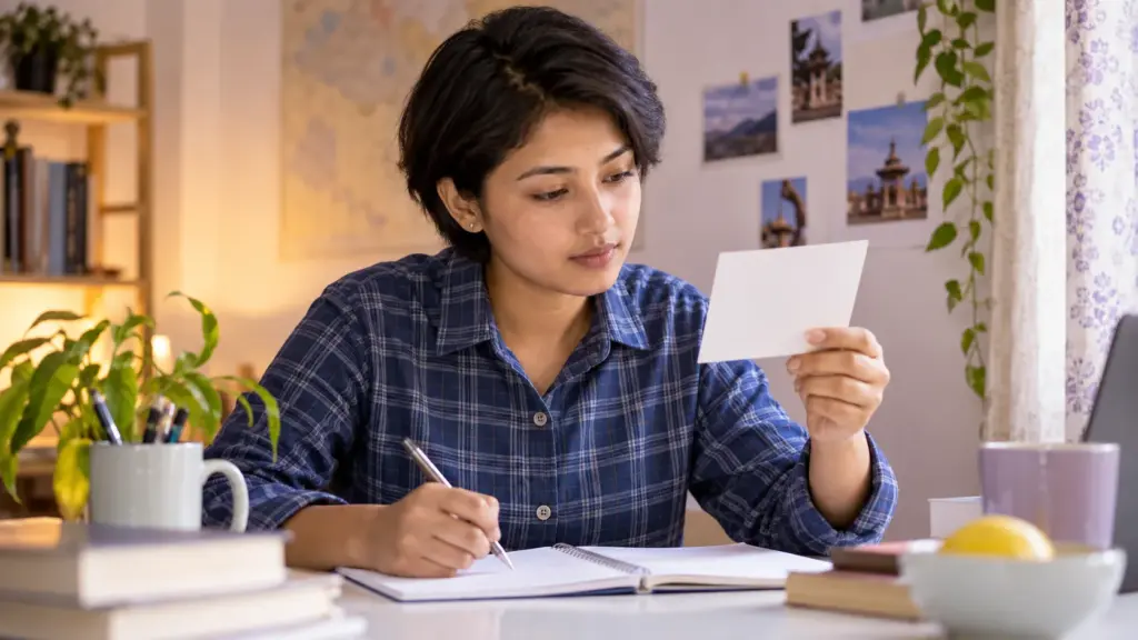 Nepali GRE student reads a prompt card while planning an Issue essay.