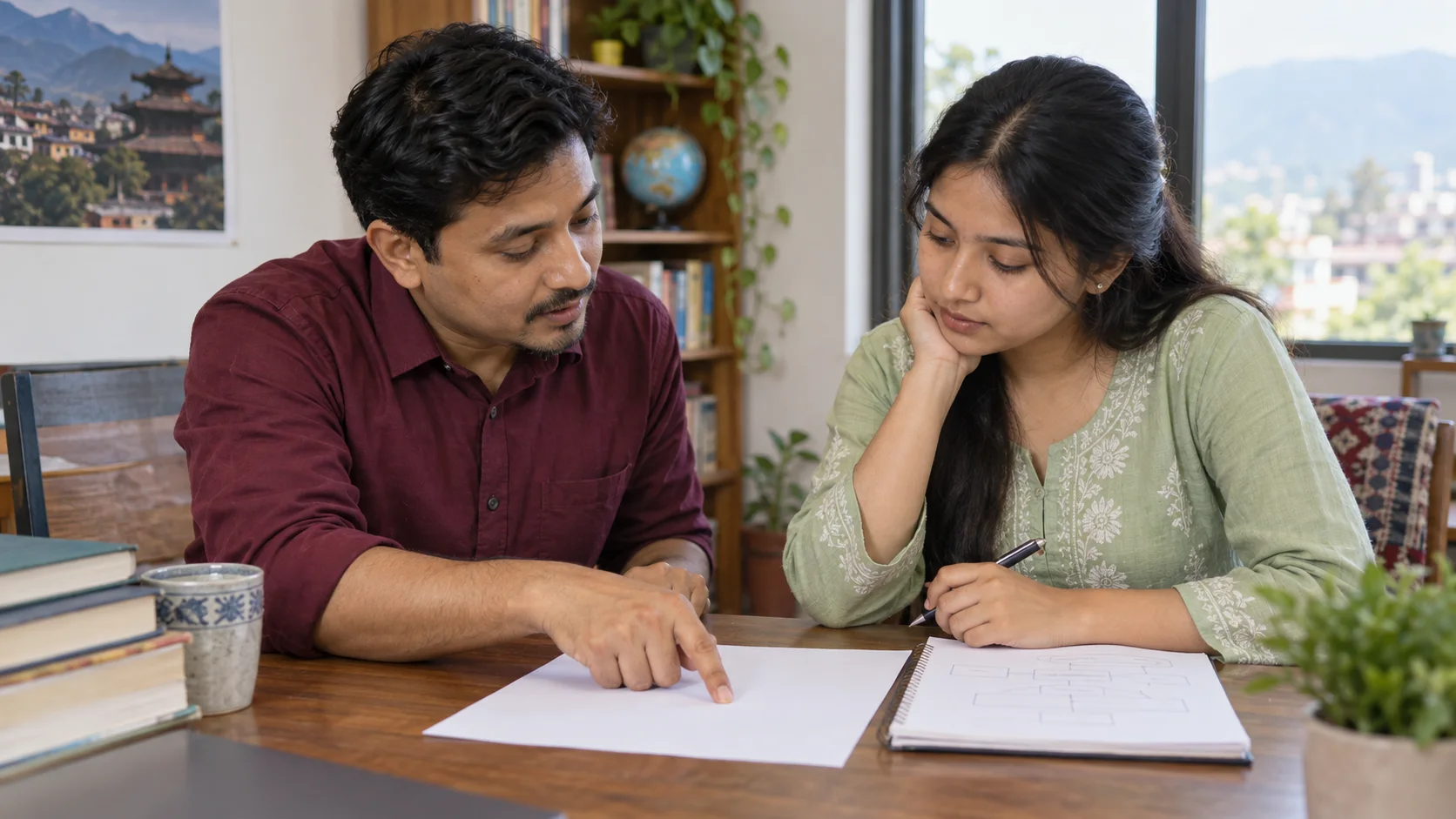 Tutor and student review a writing prompt and essay outline.