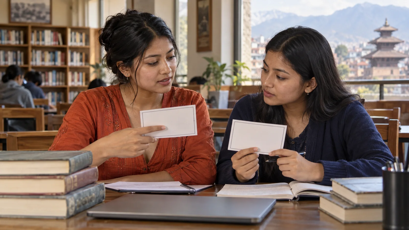 Two students compare outline cards to discuss an Issue essay position.