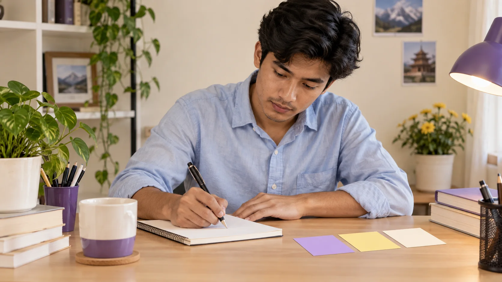 Nepali GRE student drafts an Issue essay thesis with planning cards.