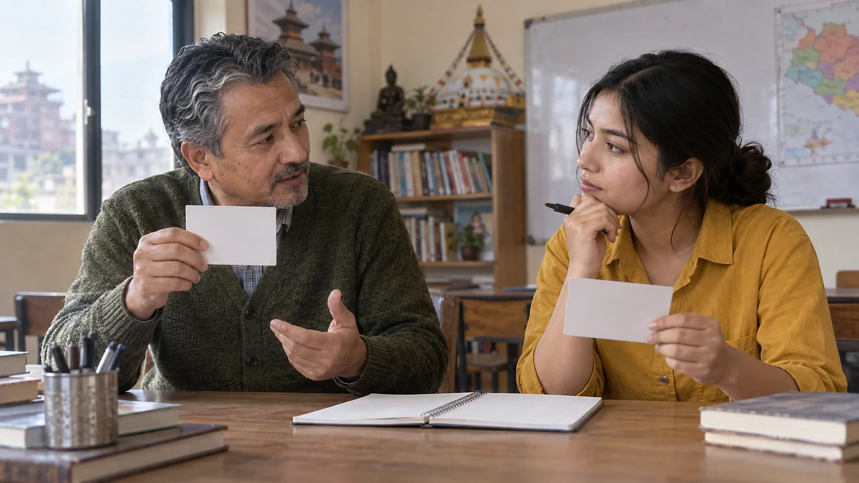 Tutor and student discuss two sides of an Issue essay with cards.