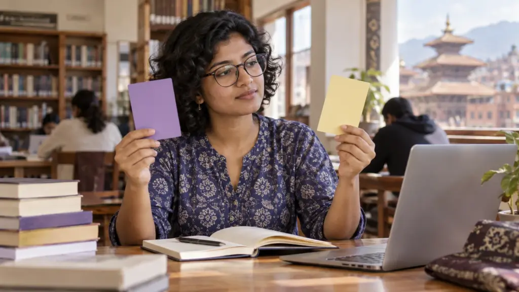 Nepali GRE student compares two cards while weighing an Issue essay counterpoint.