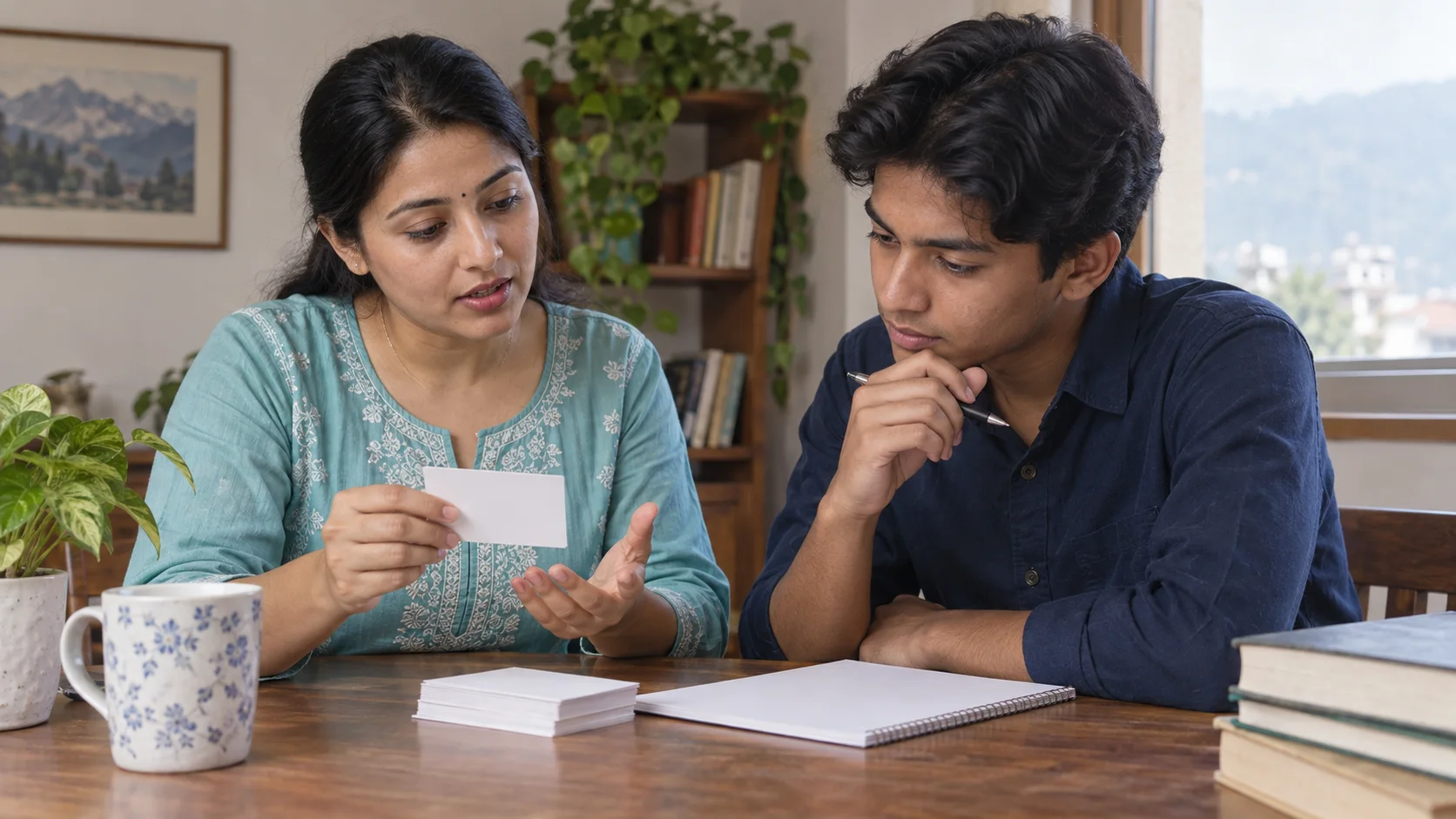 Tutor and student discuss an essay example using a reference card.