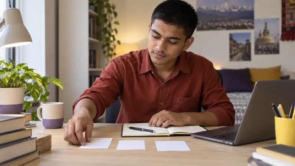 Nepali GRE student organizes cards for essay reasons and examples.