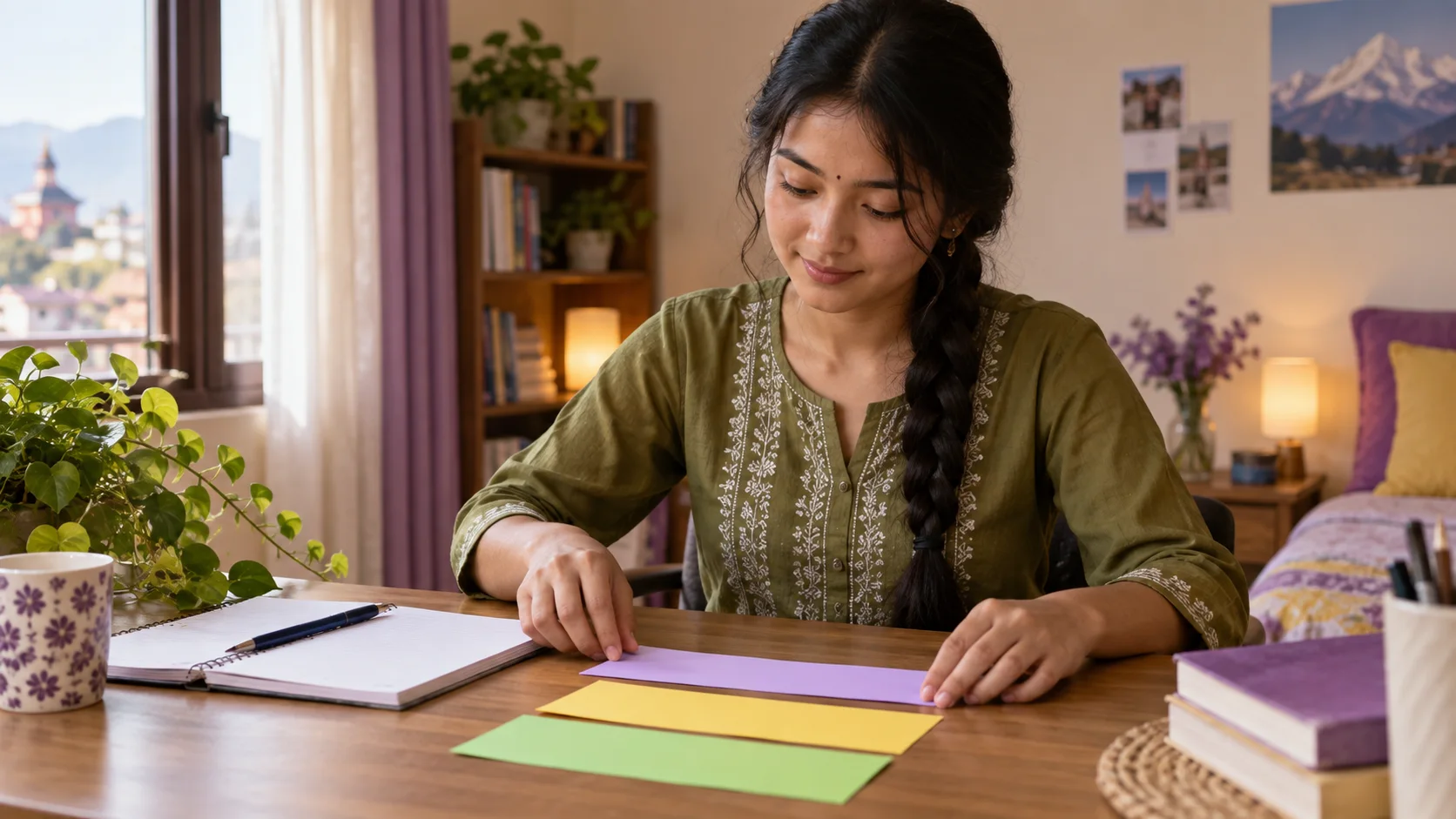 Nepali GRE student arranges colored cards for paragraph structure.