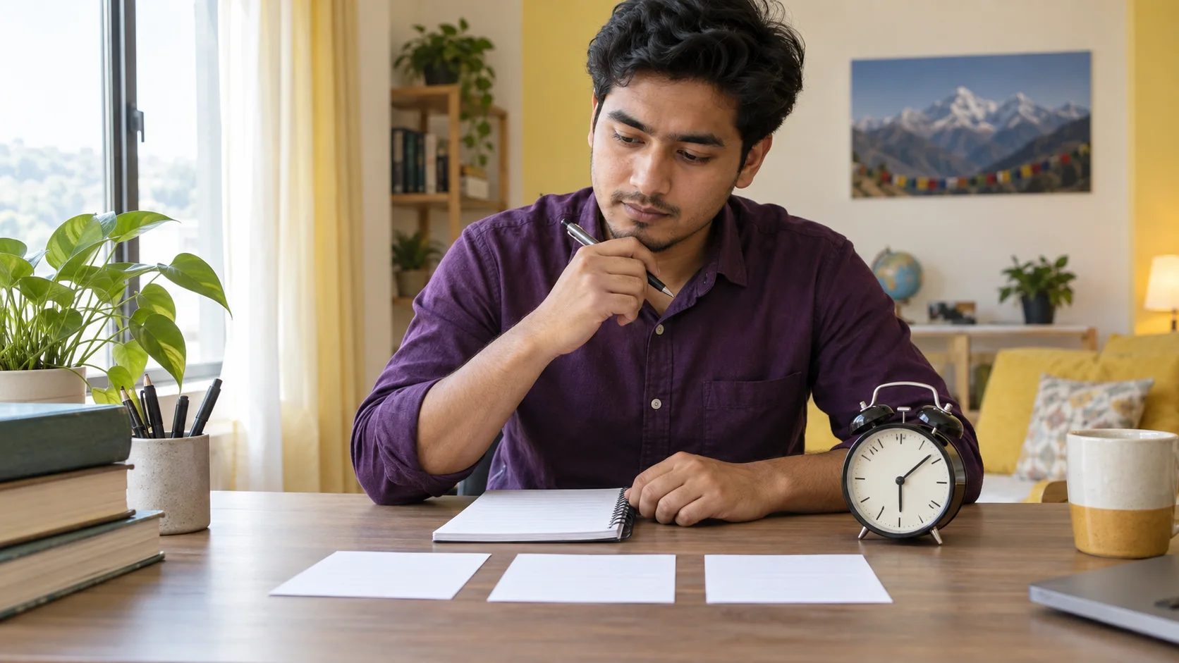 Nepali GRE student plans an Issue essay beside an analog clock.