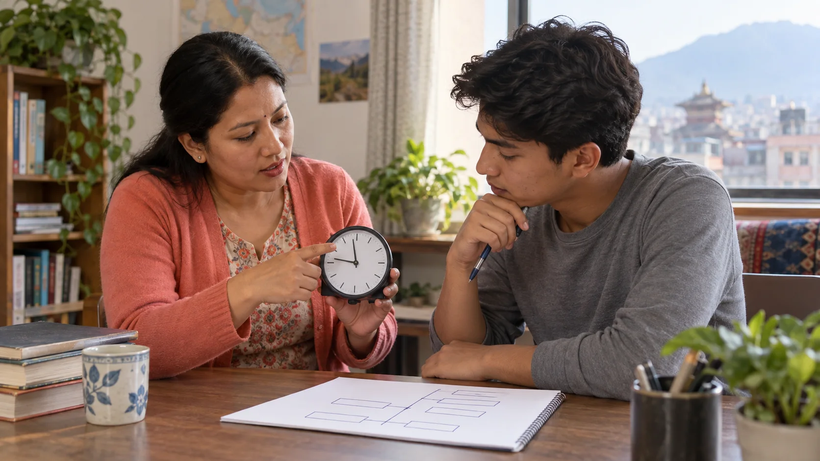 Tutor and student use a clock and outline to discuss essay timing.