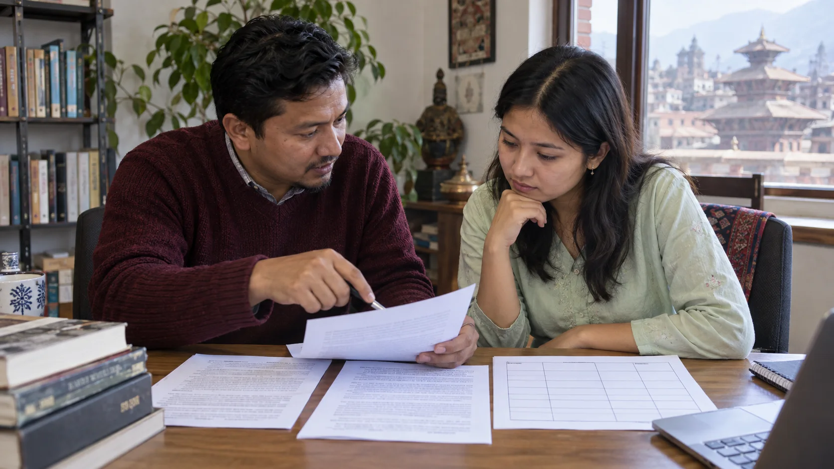 Tutor and student compare essay pages with a scoring grid.