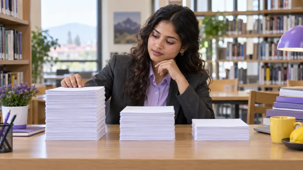 Nepali GRE student compares stacks of essay pages while reviewing score levels.