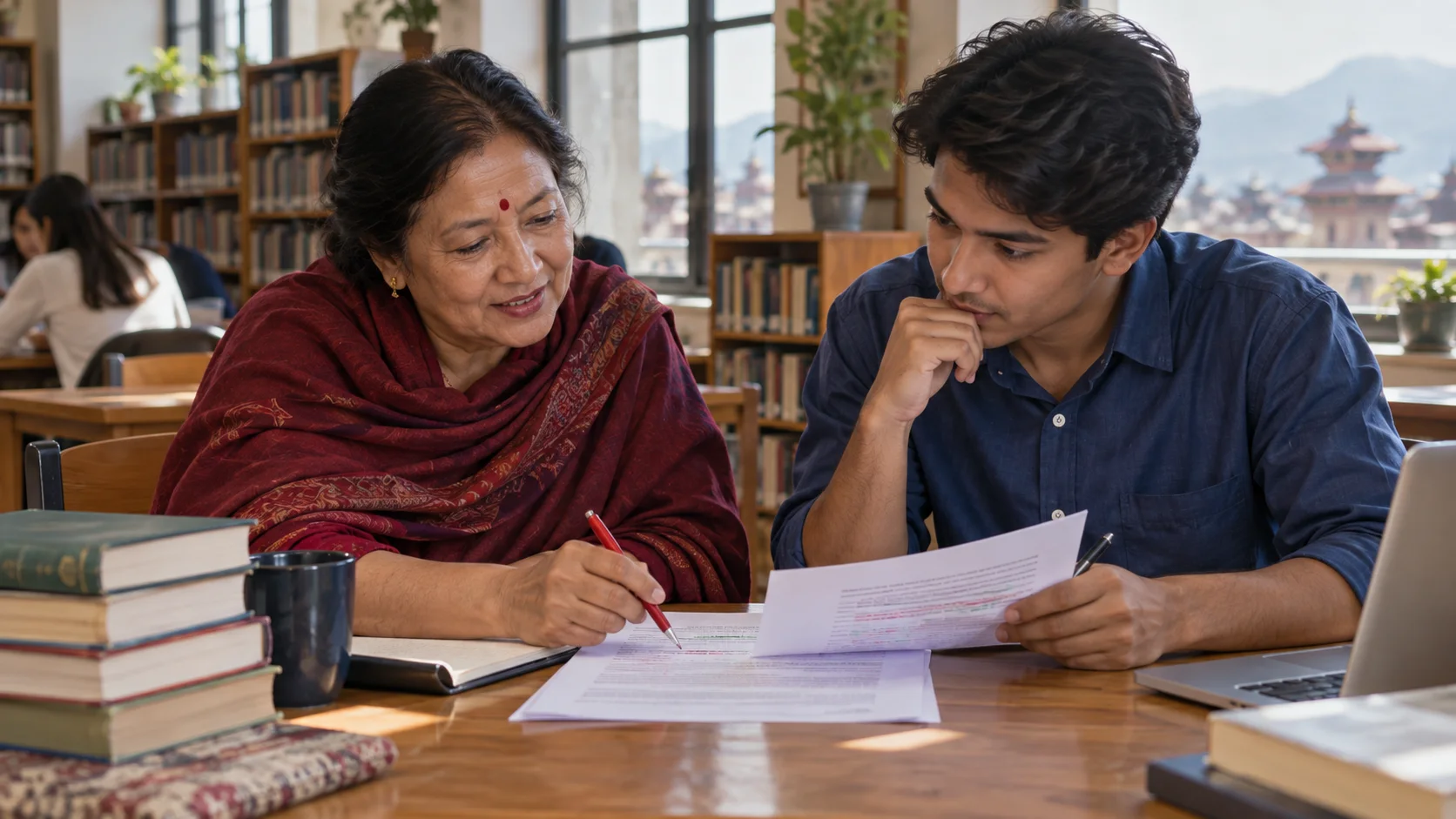 Tutor and student review an essay draft with editing marks.
