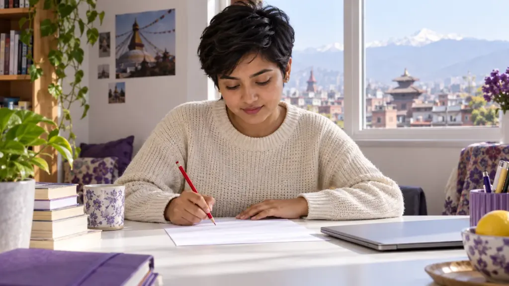 Nepali GRE student proofreads an essay page with a pencil.