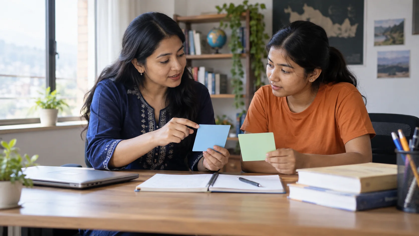Tutor and student compare two question-set cards for GRE practice.