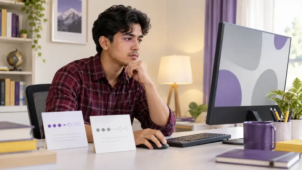 Nepali GRE student studies at a computer beside two progress cards.