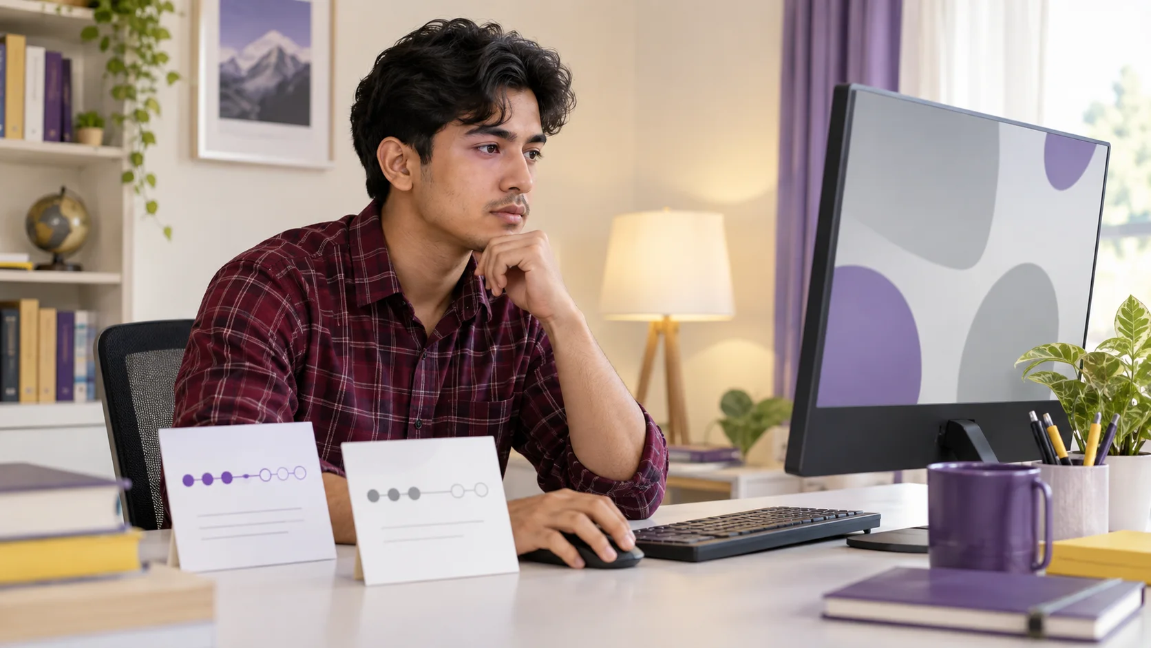 Nepali GRE student studies at a computer beside two progress cards.