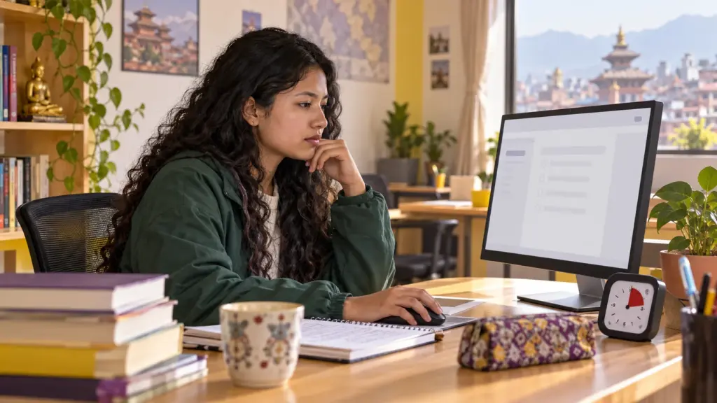 Nepali GRE student takes a computer practice test with a timer nearby.