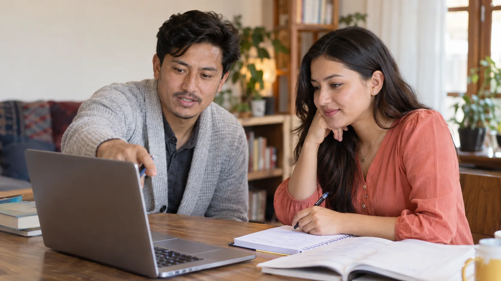 Tutor and student review a computer practice test and notes.