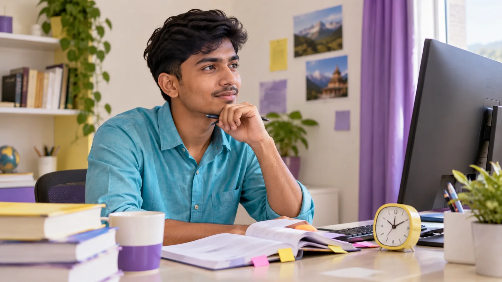 Nepali GRE student studies at a computer with marked question pages and a clock.