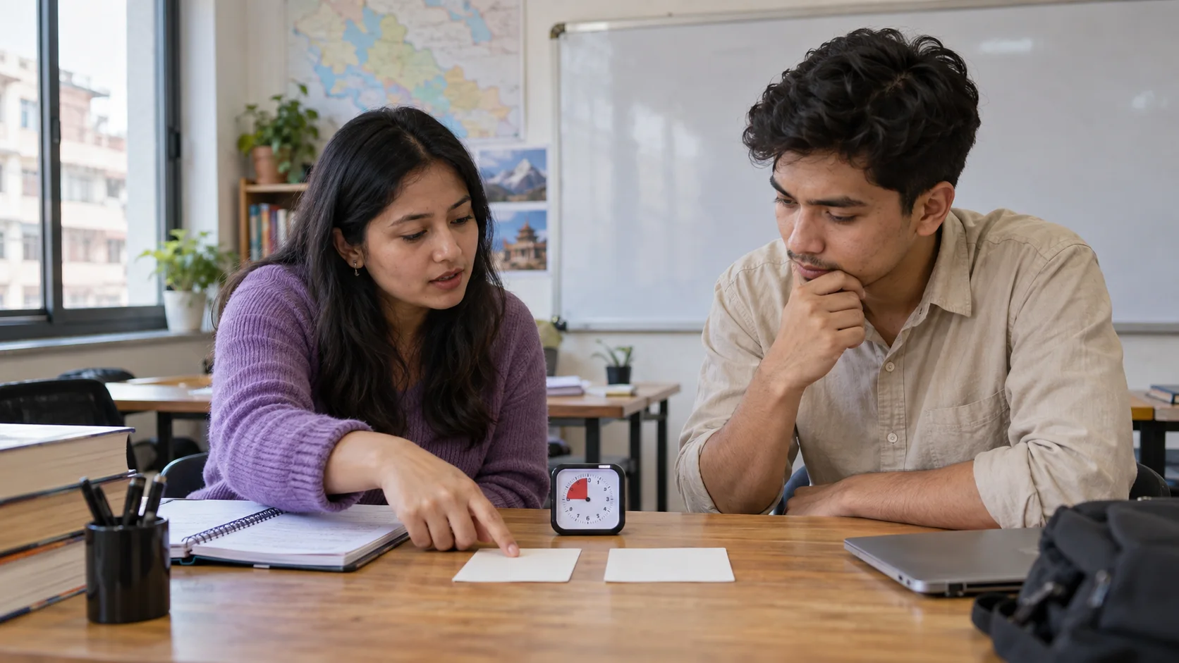Tutor and student compare two question cards during timed GRE practice.