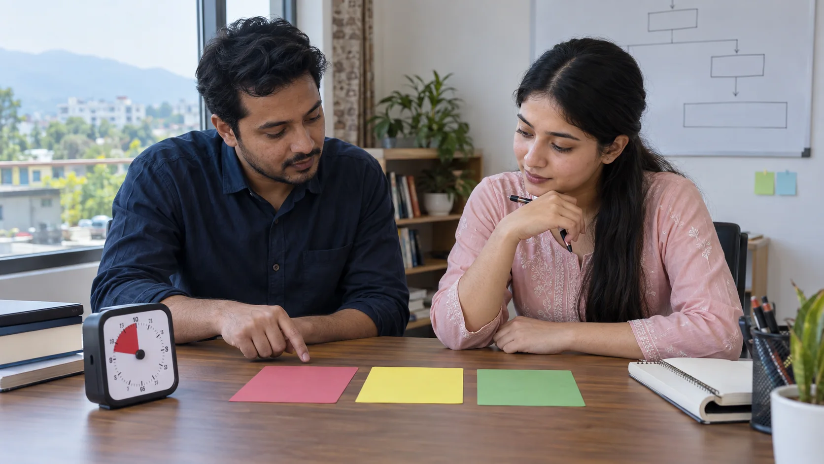 Tutor and student compare colored diagnostic categories beside a timer.