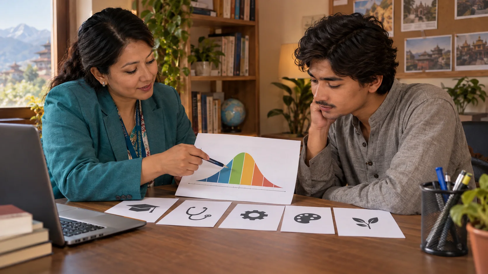 Adviser and student discuss a score distribution chart.