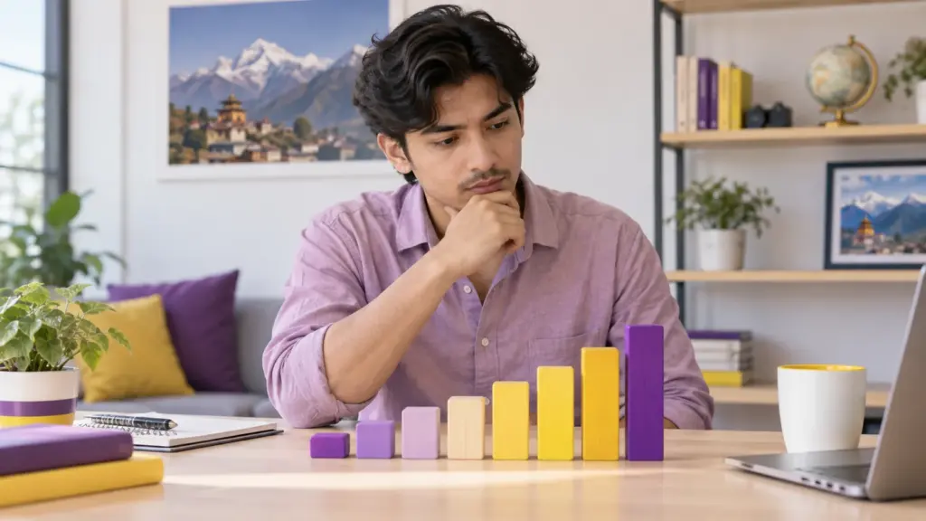 Nepali GRE applicant examines an increasing row of blocks representing score positions.