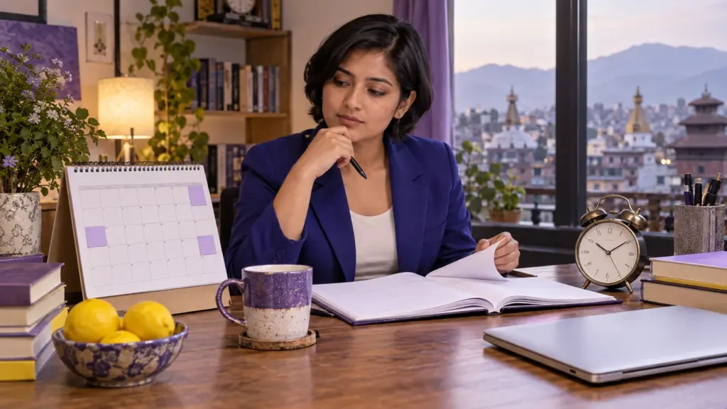 Nepali GRE applicant reviews a calendar and clock when considering a retake.