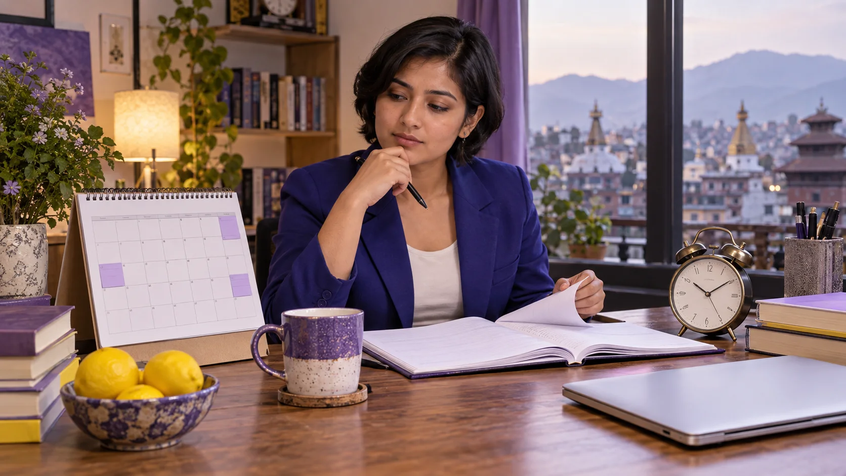 Nepali GRE applicant reviews a calendar and clock when considering a retake.