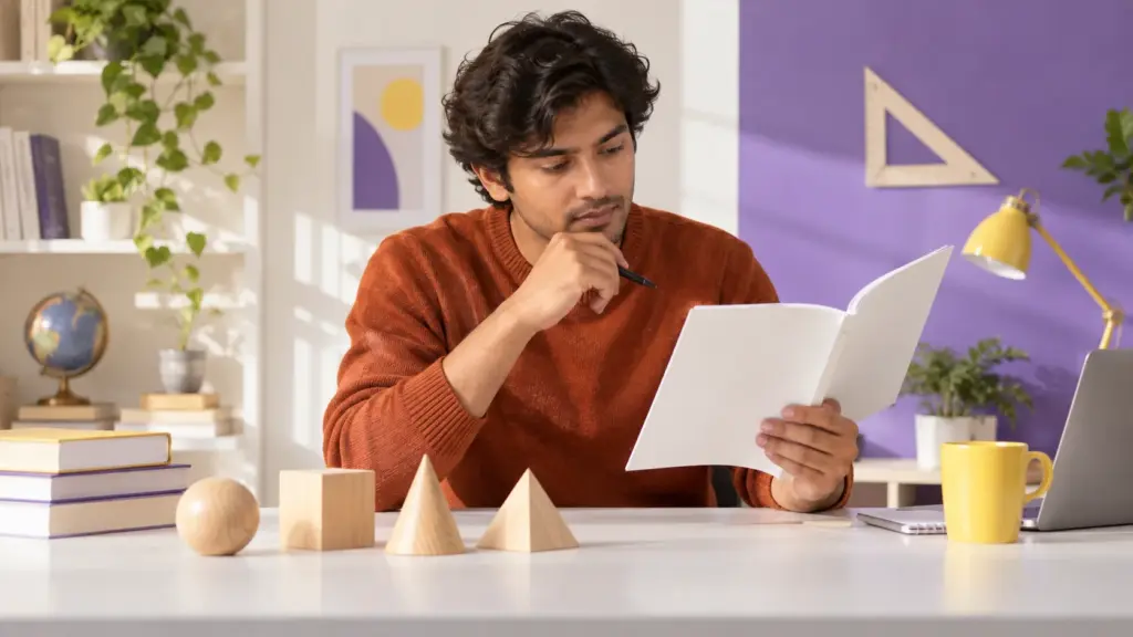 Nepali GRE student reviews a math booklet beside geometric models.