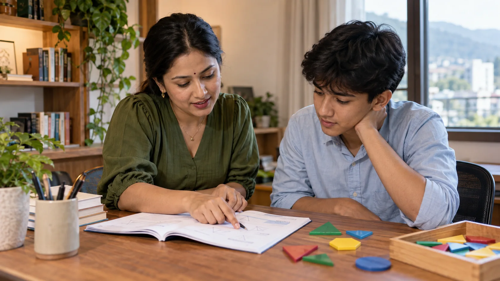 Tutor and student examine a math booklet and colored geometric shapes.